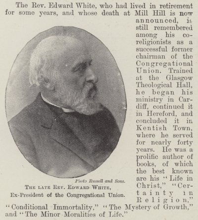 De overleden Eerwaarde Edward White, Ex-Voorzitter van de Congregational Union door English Photographer