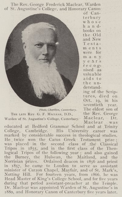 De overleden eerwaarde G F Maclear, DD, warden van St Augustines College, Canterbury door English Photographer