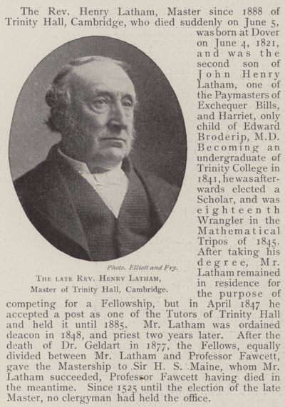 De overleden Eerwaarde Henry Latham, Meester van Trinity Hall, Cambridge door English Photographer