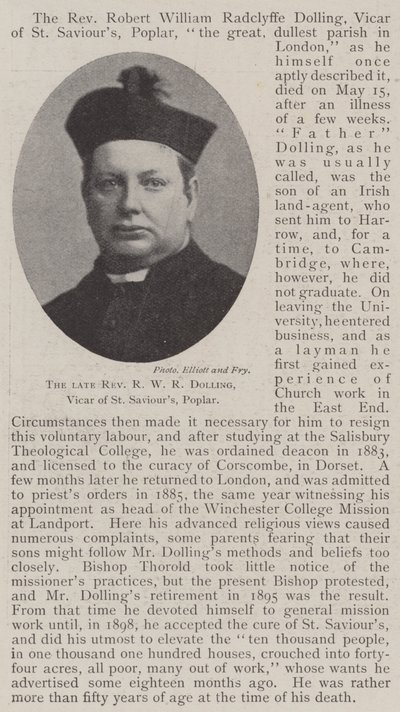 De overleden dominee R W R Dolling, pastoor van St Saviours, Poplar door English Photographer