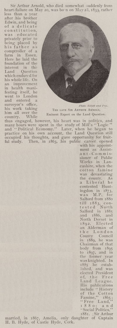 De overleden Sir Arthur Arnold, Eminent Expert op het Gebied van de Landkwestie door English Photographer