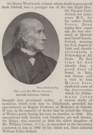 De overleden Sir Henry Acland, Radcliffe-bibliothecaris, Oxford door English Photographer