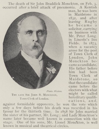 De overleden Sir John B Monckton, stadssecretaris van Londen door English Photographer