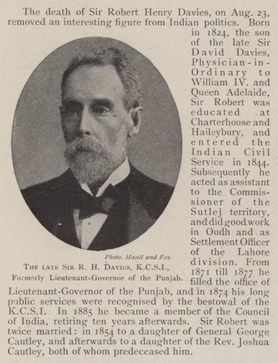 Wijlen Sir R H Davies, KCSI, Voormalig Luitenant-generaal van Punjab door English Photographer