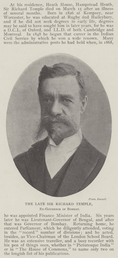 De wijlen Sir Richard Temple, ex-gouverneur van Bombay door English Photographer