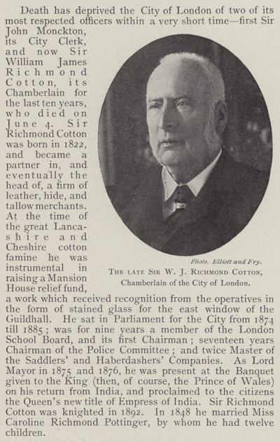 De overleden Sir W J Richmond Cotton, Kamerheer van de Stad Londen door English Photographer