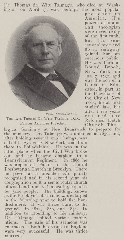 De Wijlen Thomas de Witt Talmage, DD, Beroemde Amerikaanse Prediker door English Photographer