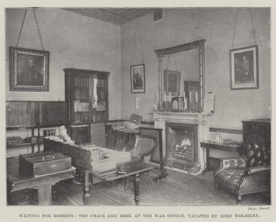 Wachten op Roberts, de stoel en het bureau in het Ministerie van Oorlog, verlaten door Lord Wolseley door English Photographer