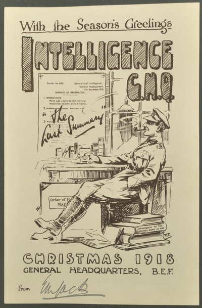 Met de seizoensgroeten, Inlichtingen G.H.Q., Kerstmis 1918 van E. M. Jack, 1918 door English Photographer