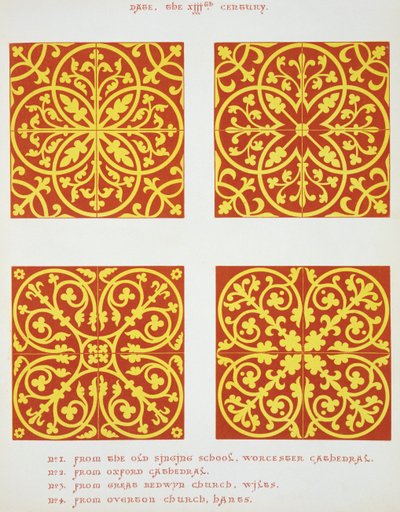 13e-eeuwse tegelontwerpen, illustratie uit Specimens of Tile Pavements, getekend van bestaande autoriteiten, door Henry Shaw, 1858 door English School