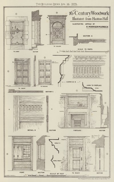 Houtsnijwerk uit de 16e eeuw, geïllustreerd vanuit Haddon Hall door English School