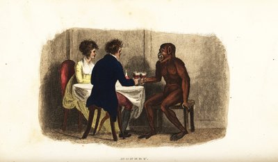 18e-eeuws Nederlands paar drinkt wijn met een Borneose orang-oetan aan de eettafel door English School