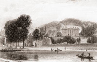 19e-eeuws uitzicht op Beaumont Lodge, Old Windsor, Berkshire, Engeland. Verkocht in 1854 aan de Sociëteit van Jezus en hernoemd tot Beaumont College, een jezuïetenschool. Uit Churton
