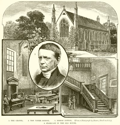 1. De Kapel. 2. De Bovenste School. 3. Bisschop Cotton. 4. Trap in het Oude Huis door English School