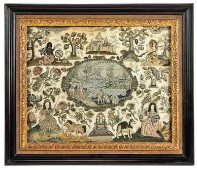 Een Charles II borduurwerk afbeelding van Afrika en de Nieuwe Wereld, ca. 1660-70 door English School