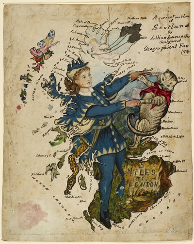 Een correct overzicht van Schotland. Vertegenwoordigd als Dick Whittington en zijn kat door English School