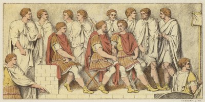 Een Oorlogsraad (kleur litho) door English School