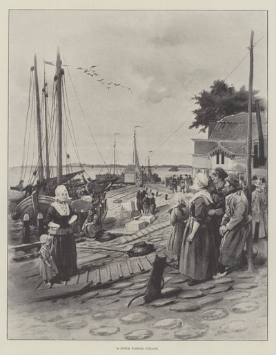 Een Nederlands vissersdorp (litho) door English School