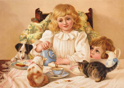 Een familietheekransje (chromolitho) door English School
