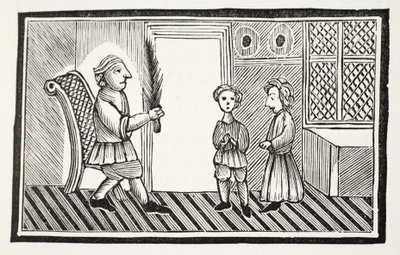Een vader en zijn zonen, illustratie uit Chap-books of the Eighteenth Century door John Ashton, uitgegeven 1882 door English School