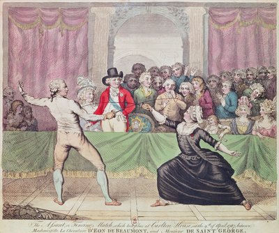 Een schermduel in Carlton House in aanwezigheid van de Prins Regent tussen de Chevalier d"Eon, verkleed als vrouw en Monsieur de Saint-Georges, 1787 door English School
