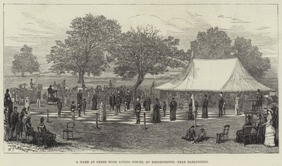 Een Partij Schaak met Levende Stukken, in Heighington, nabij Darlington (gravure) door English School