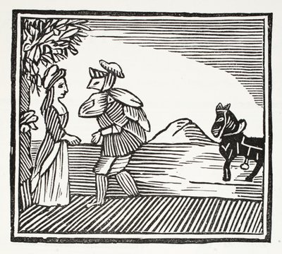 Een Heer gaat te rade bij Moeder Bunch, illustratie uit Chap-books of the Eighteenth Century door John Ashton, gepubliceerd 1882 door English School