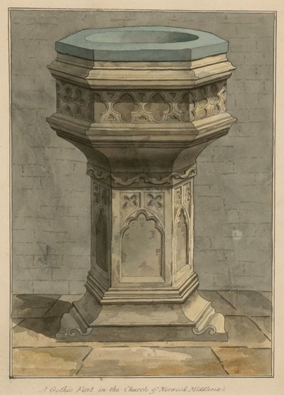 Een gotisch doopvont in de kerk van Norwood, Londen, Middlesex door English School