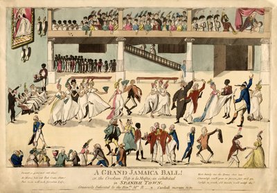 Een Groot Jamaicaans Bal of de Creoolse Hop a la Muftee in Sanish Town, uitgegeven 1802 (handgekleurde gravure) door English School