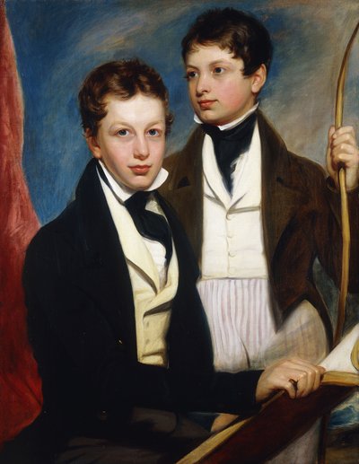 Een Groepsportret van de Musgrave Morris Jongens, een Zittend Halflang in een Donker Jasje, een Boek Vasthoudend, de Ander Staand Driekwart Lengte in een Donker Jasje, een Boog Vasthoudend, c.1830 door English School