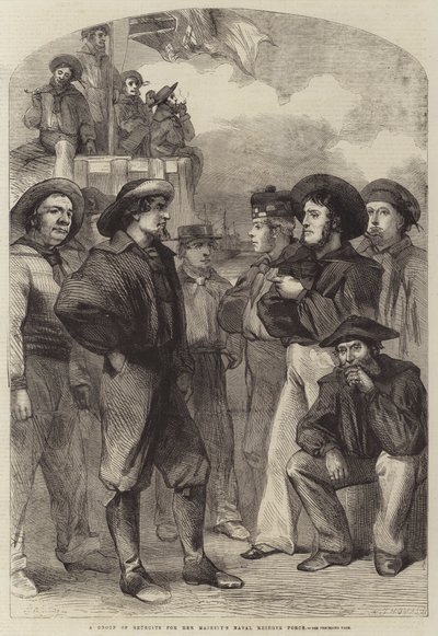 Een groep rekruten voor de marine reserve van Hare Majesteit (gravure) door English School