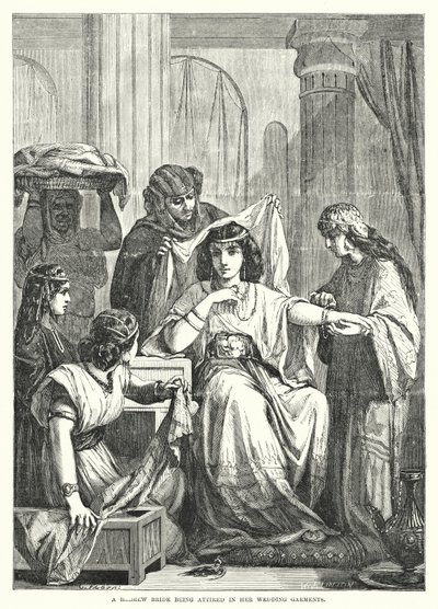Een Hebreeuwse bruid die haar trouwkleding aantrekt (gravure) door English School