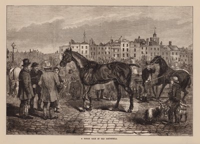 Een paardenverkoop in Old Smithfield (gravure) door English School