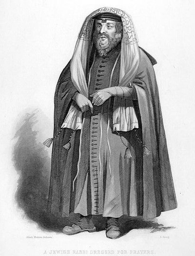 Een Joodse Rabbi kleedt zich voor gebeden, gegraveerd door R. Young, uit 