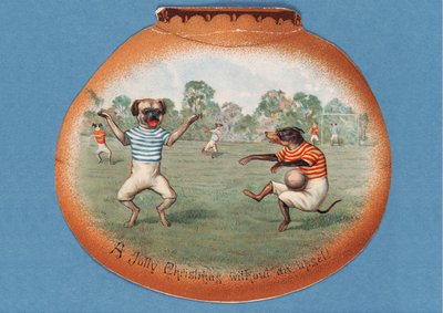 Een vrolijk kerstfeest zonder een ongeluk!, kerstkaart met een voetbalwedstrijd tussen honden, ca. 1890s door English School