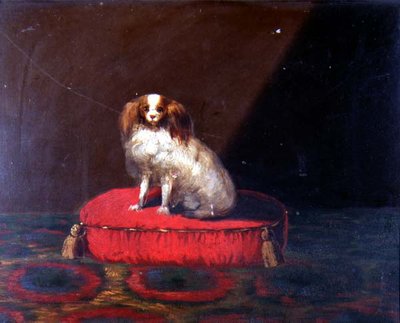 Een King Charles Spaniel op een rood kussen, Provinciale School door English School