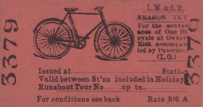 Een seizoenkaart van de London, Midland and Scottish Railway voor reizen met een fiets door English School