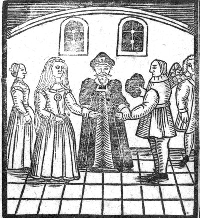 Een huwelijksceremonie, een illustratie uit A Book of Roxburghe Ballads door English School