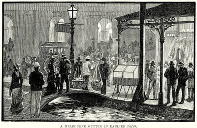 Een goot in Melbourne vroeger (gravure) door English School