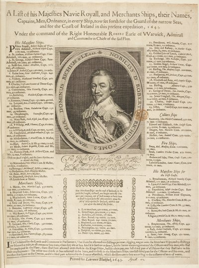 Een marine scheepslijst met portret van de graaf van Warwick door English School