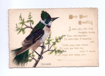 Een nieuwjaarskaart van een ijsvogel gemaakt van veren gemonteerd op een handgeschilderde boom, circa 1900 door English School