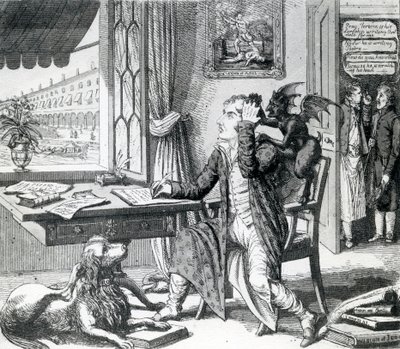 Een nobele dichter - zijn ideeën opkrabbelen, gepubliceerd door J. Johnston, 1823 door English School