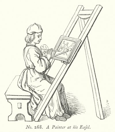 Een schilder aan zijn ezel (gravure) door English School