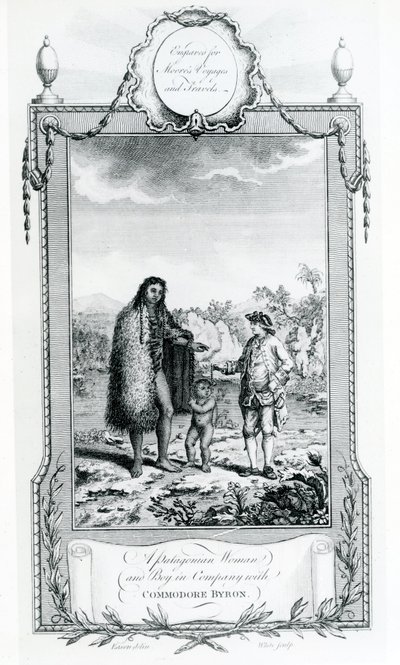Een Patagonische Vrouw en Jongen in gezelschap van Commodore Byron (illustratie uit Moores Reizen en Reizen) door English School