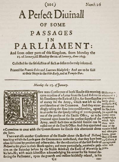 A Perfect Diurnall, facsimile van de voorpagina van uitgave 26, 1643, illustratie uit Cassells Illustrated History of England door English School