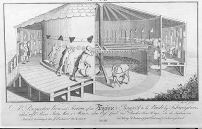 Een Perspectiefweergave en Doorsnede van een Machine Voorgesteld om Gebouwd te Worden door Abonnement die Zestig Mannen per Minuut Zal Scheren, ook Olie, Kam en Poeder hun Pruiken, uitgegeven door J. Dubois, 1745 door English School