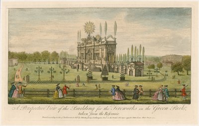 Een perspectivisch uitzicht op het gebouw voor het vuurwerk in het Green Park door English School