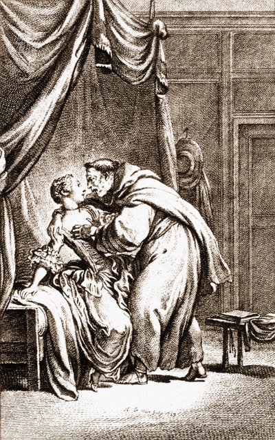 Een priester spreekt een vrouw aan door English School