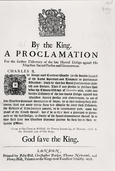 Een proclamatie van de koning, voor de verdere ontdekking van het late gruwelijke ontwerp tegen de heilige persoon en regering van Zijne Majesteit, 27 november 1678 door English School