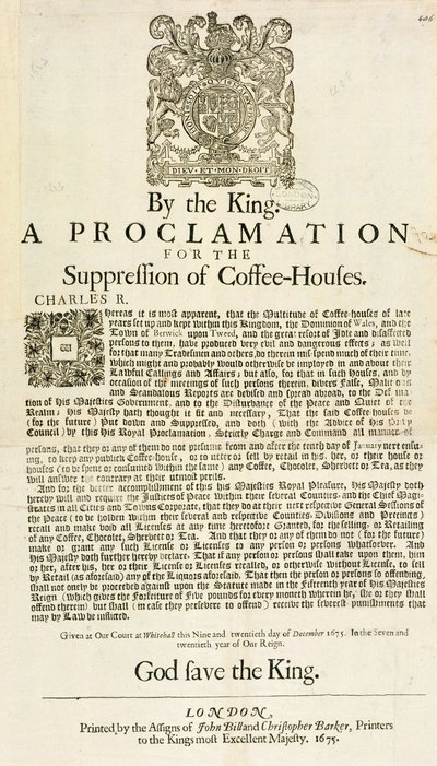 Een Proclamatie door de Koning, voor de Onderdrukking van Koffiehuizen, 1675 door English School